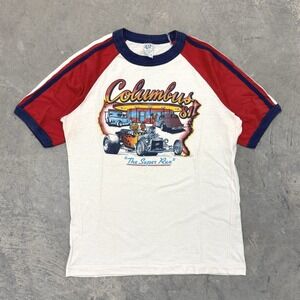 Vintage 80's Nascar Hot Rod Columbus Flames Single Stitch White Tee Shirt - M